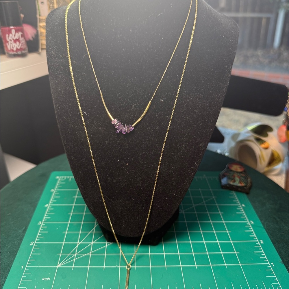 Layered Gold Tone Necklace with Purple Beads and Bar Pendant‎